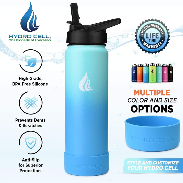 HYDRO CELL Stainless Steel Water Bottle wStraw Wide Mouth Lids TealBlue 24oz with Blue Protective Silicone Bottom Boot, Blue