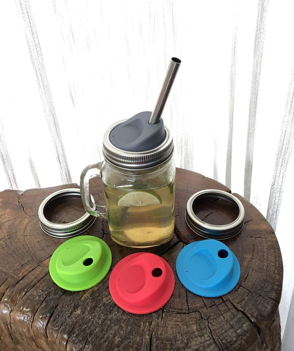 THINKCHANCES Reusable Food Grade and BPA Free Silicone Round Sip Straw Coffee Juice Drinking Lid Kit with Stainless Steel Rings