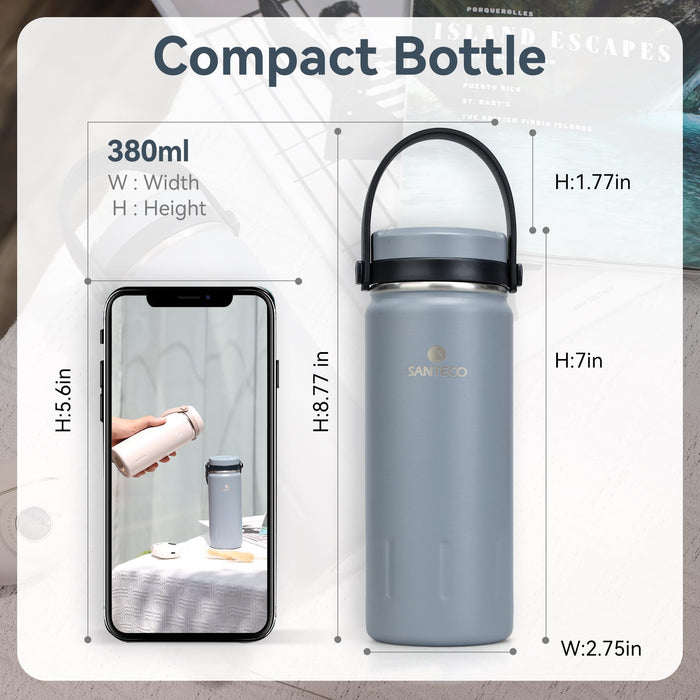 SANTECO 13oz Insulated Water Bottle with Handle, Stainless Steel Sports Water Bottles, Wide Mouth LeakProof Double Wall Travel