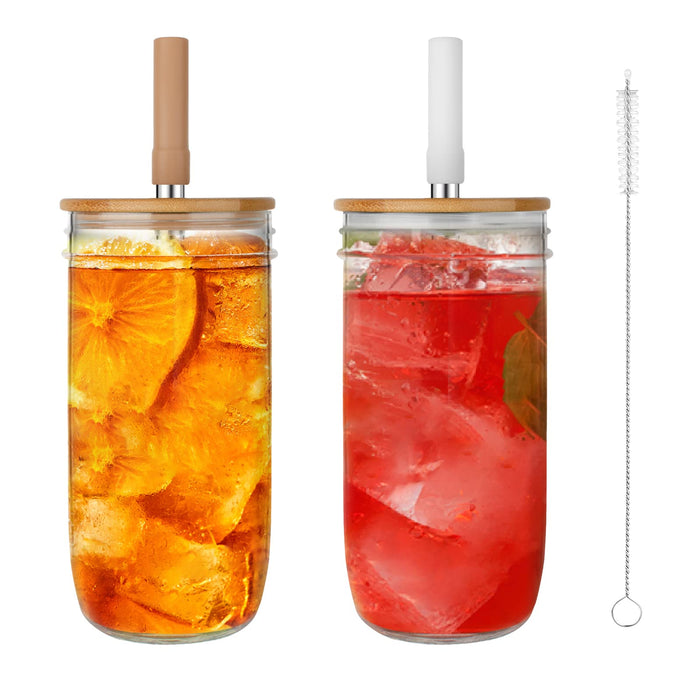 tronco Glass Cups Set 2 Pack, 24oz Wide Mouth Mason Jar Drinking Glasses with Bamboo Lids Straws,Reusable Glass Boba Tea Cup