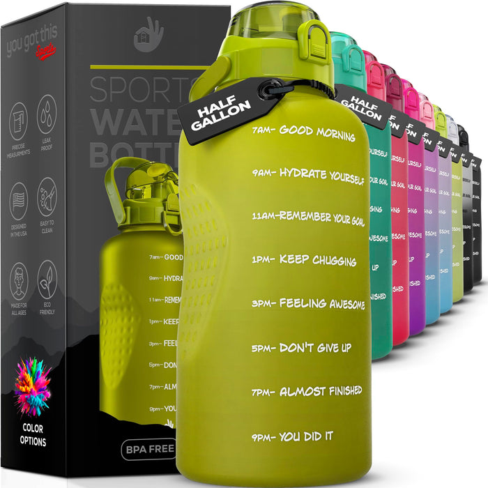 Uniqus Motivational Water Bottle with Straw Handle, Half Gallon Water Bottle 64 oz2.2L, Gym Water Bottle, Achieve AllDay
