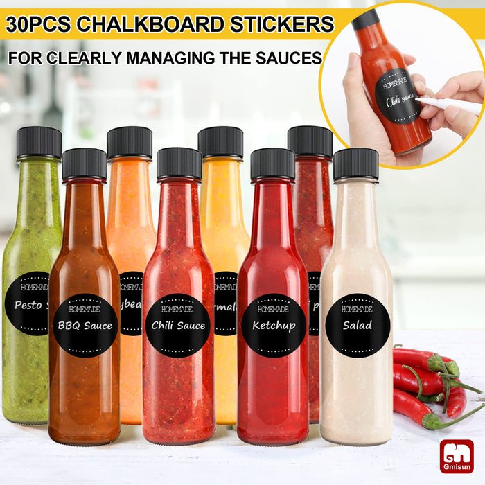 GMISUN Mini Hot Sauce Bottles 5 oz, 24 Pack Glass Woozy Bottles with Shrink Capsules, Mini s with Labels, Funnel, Caps
