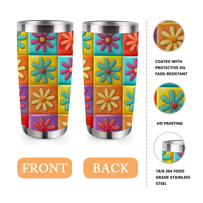 Uniqus Daisy Flowers Tumbler with Lid and Straw, Colorful Buffalo Plaid Check Floral Stainless Steel Travel Coffee Cup, Cute Car