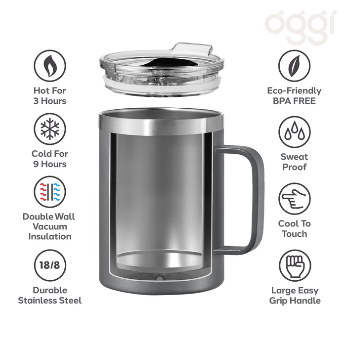 OGGI ThermoMug Stainless Steel Insulated Mug Double Wall Vacuum Insulated wHandle Lid, Coffee Cup, Camping Mug, Travel Thermo
