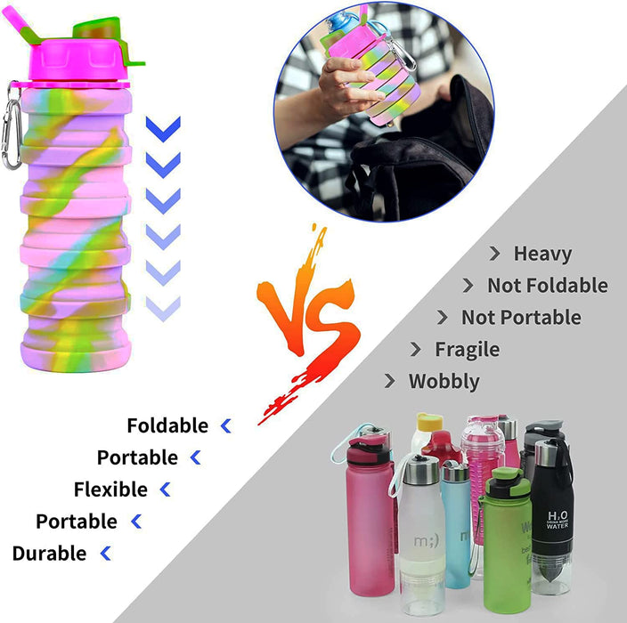 Collapsible Water Bottle 2 Pack Silicone Foldable Water Bottle with Carabiner BPA Free Expandable Water Bottle 500ml Leak Proof