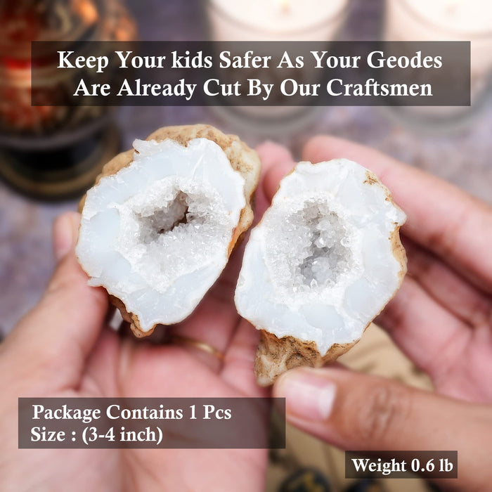 0.6 LB Crystal Geodes 1Pc Quartz Open Crack Discover Amazing Crystals Inside Educational Crystals Surprise for Kids White Geode Rainbow Small Crystal