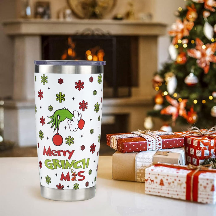 Heqianco Christmas Tumbler With Lid and Straw Stainless Steel 20oz Christmas Skinny Tumbler Insulated Christmas Cups Merry Christ