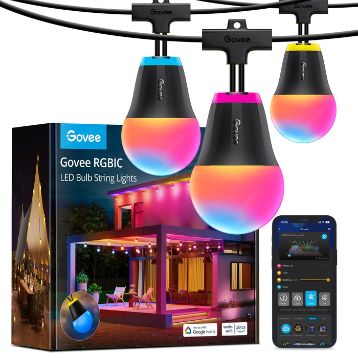 Govee Outdoor String Lights H1, 50ft RGBIC Outdoor Lights with 15 Dimmable Warm White LED Bulbs, Smart Outdoor String Lights with 60 Scene Mode, IP65 Waterproof, Work with Alexa for Halloween, Party