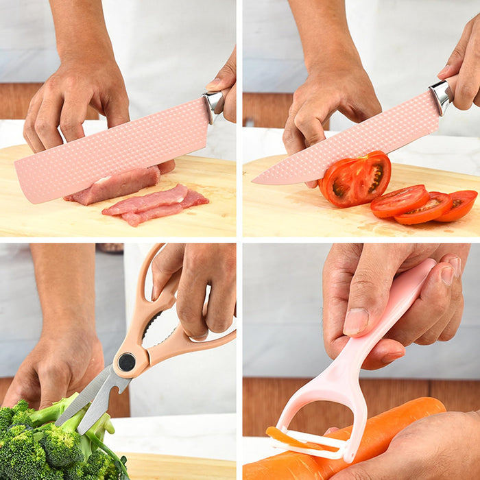 Pink Knife Set, 6 Piece Nonstick Coating Stainless Steel Kitchen Knives Sets, Ultra Sharp Kitchen Knife Chef Knife With Peeler