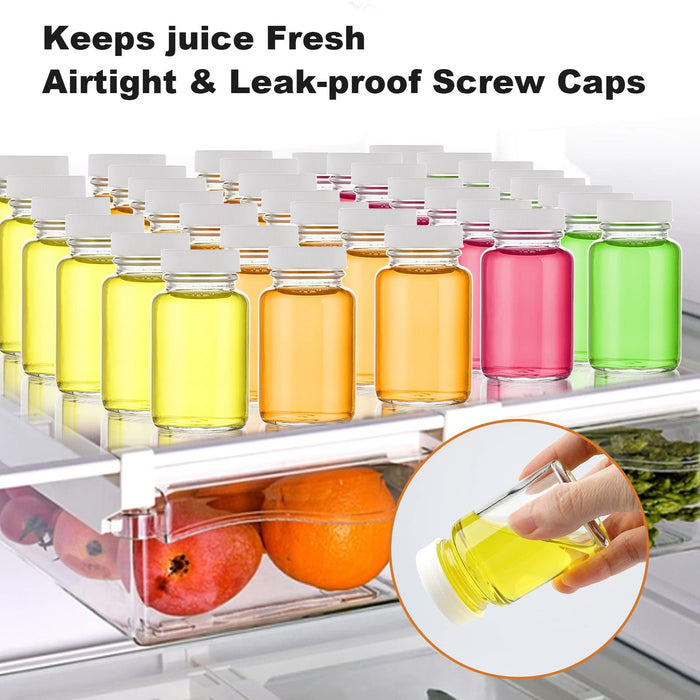 LOVLLE Glass Juice Shot Bottles with Caps 8 Pack 2oz Small Clear Reusable Jars with Lids for Juicing Beverage Storage Liquids