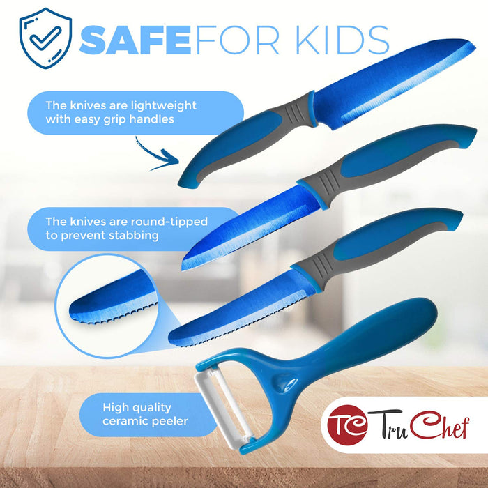 Kids Knife Set For Cooking  5 Piece Kids Cook Set In Blue  Kids Cooking Supplies With Kids Chef Knife, Kids Paring Knife, Kids