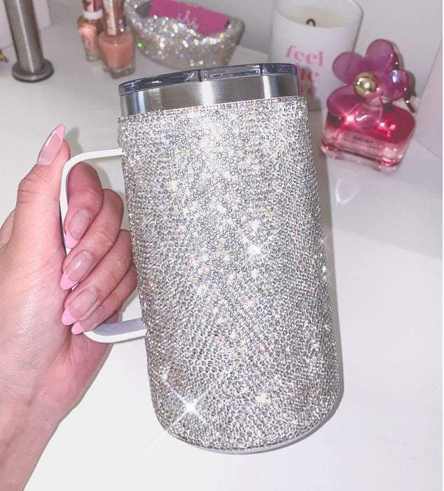 TISHAA Bling Dazzling Rhinestone Stylish 750 mL Vacuum Insulated Stainless Steel Travel Water Bottle Cup Thermos Mug with Handle