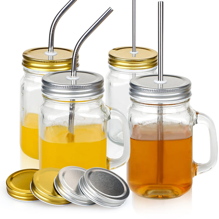 QUIENKITCH 4 Pack Mason Jar Cups with Lids and Straws 16 oz Mason Jars with Handle Wide Mouth Mason Jar Mugs Drinking Glasses Cof