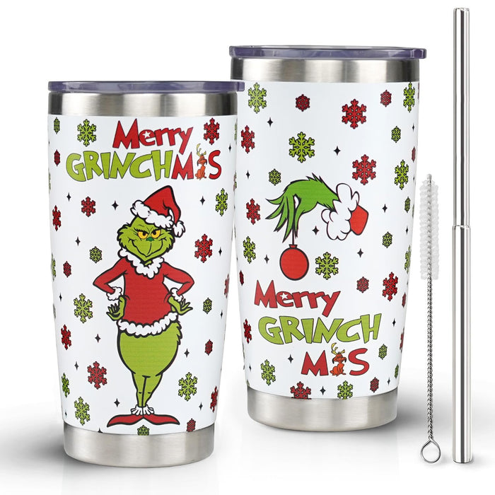 Heqianco Christmas Tumbler With Lid and Straw Stainless Steel 20oz Christmas Skinny Tumbler Insulated Christmas Cups Merry Christ