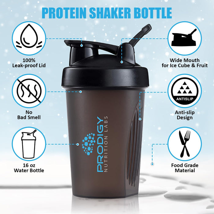 Prodigy Nutrition Labs Premium Shaker Bottle Perfect for Protein Shakes and Pre Workout 14 Ounce Black