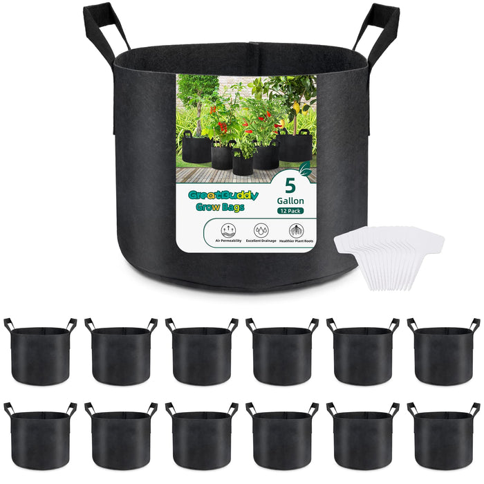 GreatBuddy 12Pack Grow Bags 5 Gallon, Thick Fabric Planter Bags for Vegetables, Sturdy Handles Reinforced Stitching, Labels
