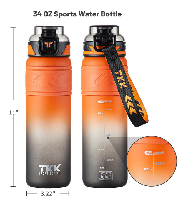 TKK Sports Water Bottles with Removable Straw 34 oz Leakproof Flip Top Lid BPA Free Tritan Bottles with Strap for School, Fitnes