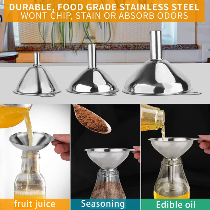 6Pcs Metal Stainless Steel Funnel, Large Small Funnel Set of 3, Food Grade Mini Funnels for Kitchen Use Filling Bottles Flask