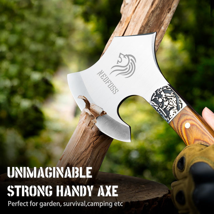 NedFoss Hatchet with Sheath, 9 inch Full Tang Small Axes and Hatchets, Compact and Lightweight Survival Hatchet with Wood Handle, Camping Axe for Practical Woodworking, Clearing Trail or Kindling