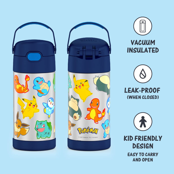 Thermos Funtainer 12 Ounce Stainless Steel Vacuum Insulated Kids Water Bottle with Straws Pokemon