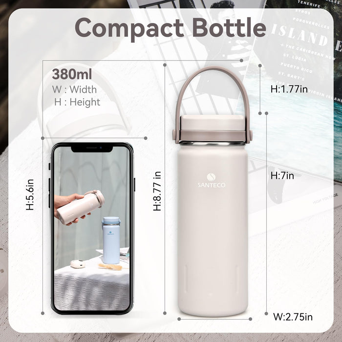 SANTECO 13oz Stainless Steel Water Bottle with handle Insulated Double Wall,Stylish Personality water bottle,Wide Mouth, Ergono