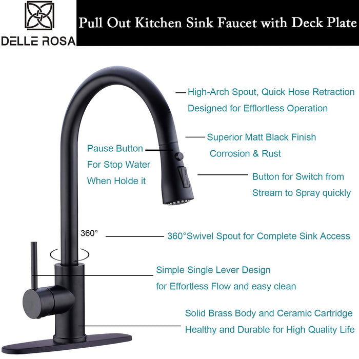 Delle Rosa Kitchen Faucet, Matte Black Kitchen Faucet, Pause Function Pre-Rinse Kitchen Faucet with Pull Down Sprayer, Kitchen Faucet with Deck Plate