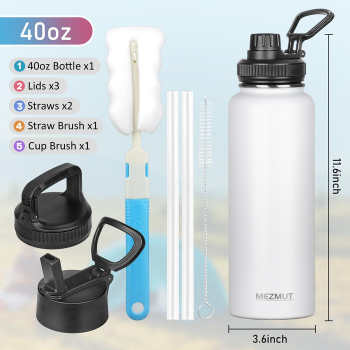MEZMUT Insulated Water Bottle with Straw3 Lids 40oz Stainless Steel Water Bottles Sports Metal Water Bottle Double Walled Vacuum