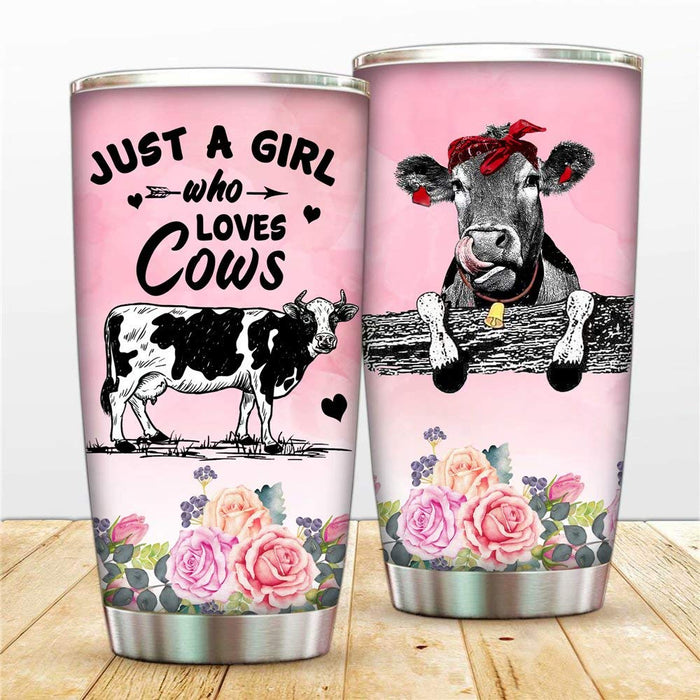 Funny Cow Tumblers Just A Girl Who Love Cows Tumbler Mug, Floral Travel Cup Double Wall Insulated Coffee Mug with Lip and Straw