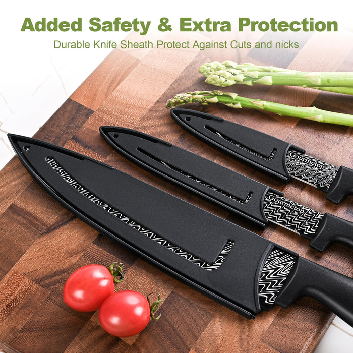 3 Pcs Kitchen Knife Set With Cover, Black Knives Set For Kitchen Stainless Steel, Damascus Pattern Chef Knife Set With Sheath