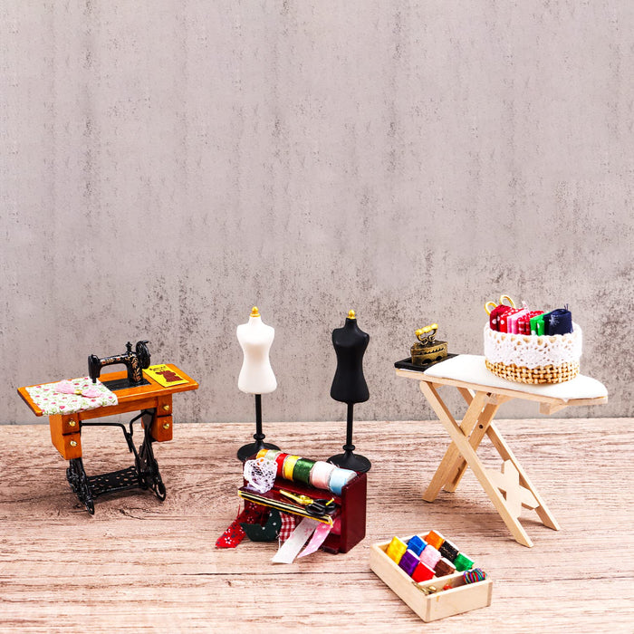 1 12 Sale Miniature Sewing House Sene Model Acessories Simulation Vintage Sewing Mahine, Sewing Box, Ironing Board