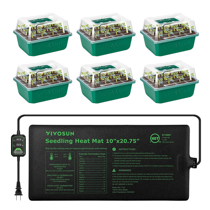 Uniqus 6Pack Seed Starter Trays with 10x20.75 Seedling Heat Mat, SelfAdjusting Dual Digital Display Temperature Controller