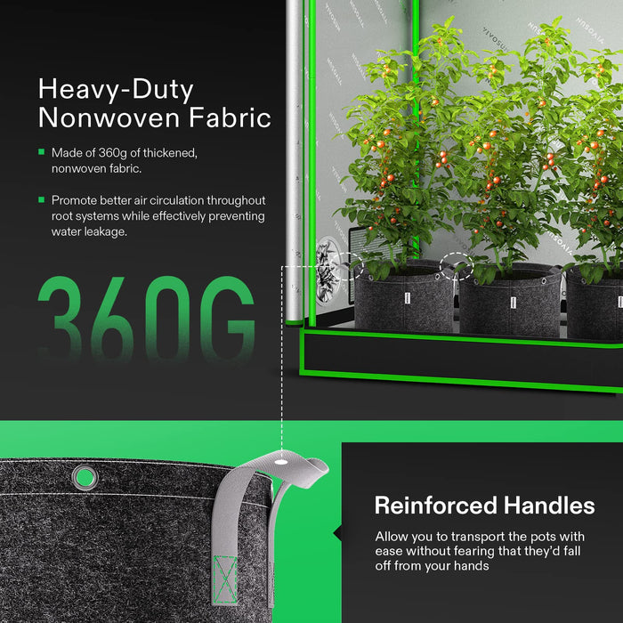 Uniqus 5Pack 3 Gallon Grow Bags, 360G Thick Nonwoven Fabric Pots with Strap Handles, MultiPurpose Rings, for Low Stress Plant