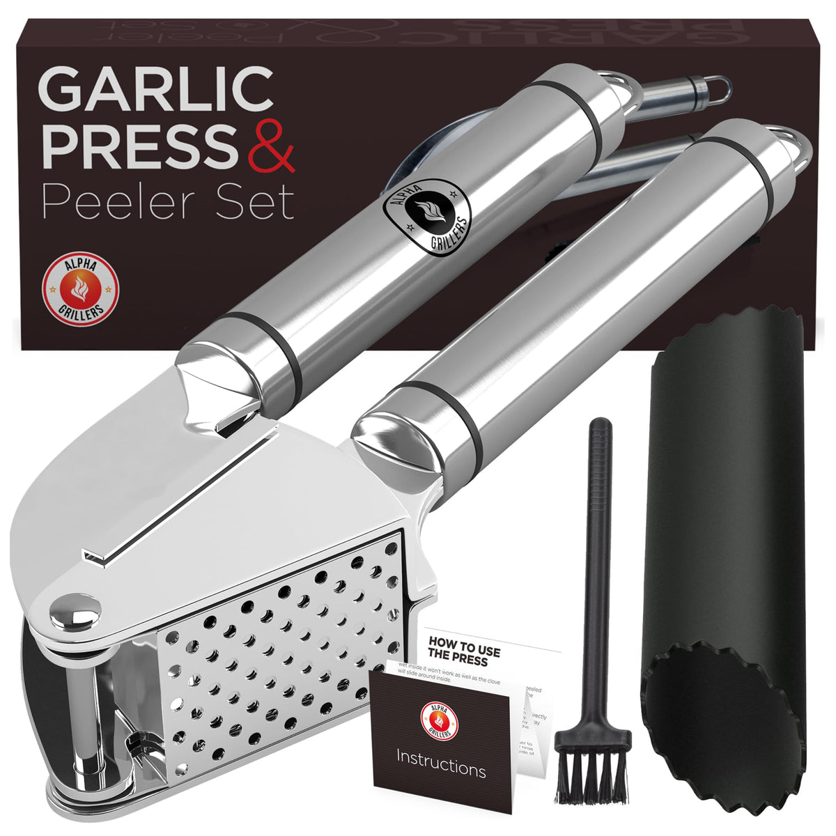 Garlic Press Stainless Steel-No Need to Peel, Easy Squeeze & Clean,  Dishwasher Safe Garlic Mincer