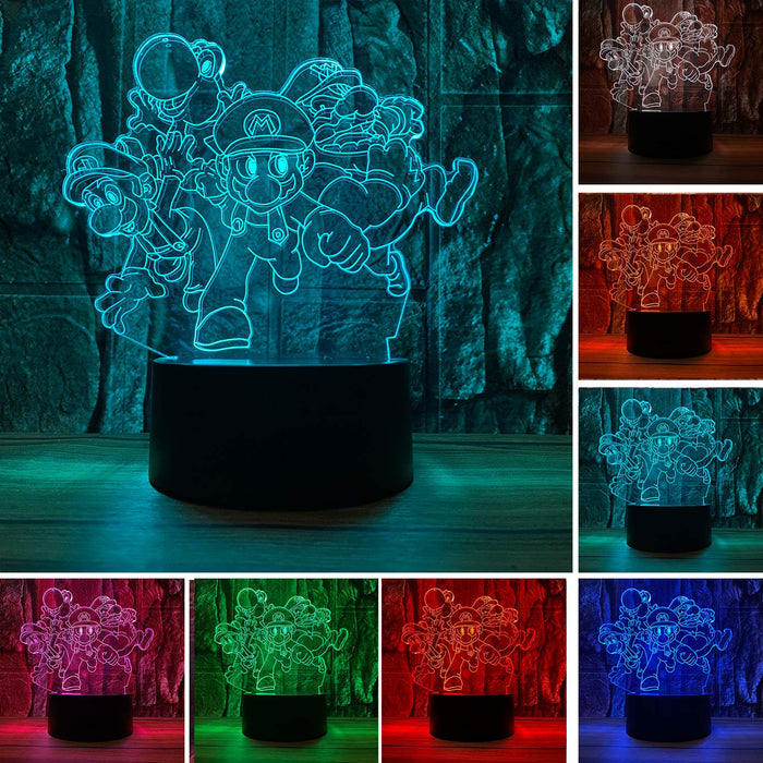Super Mario And Luigi Figurines Action Figures Cartoon Yoshi Mario Bros 3D Led Optical Illusion Bedroom Decor Table Lamp
