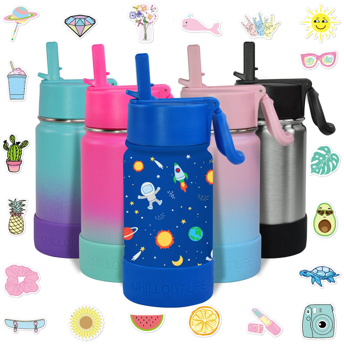 CHILLOUT LIFE 12 oz Kids Insulated Water Bottle for School with Straw Lid Leakproof and Cute Waterproof Stickers, Personalized