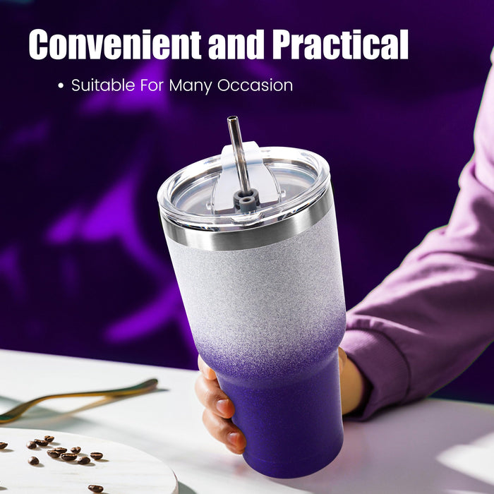 30 oz Tumbler Purple Glitter Gradient Cup Stainless Steel Double Wall Vacuum Insulated Mug with Straw and Lid, Cleaning Brush