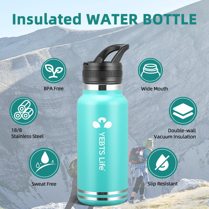 Insulated Water Bottle With Straw,32 oz Vacuum Insulated Stainless Steel Sports Water Flask with 2 Lids 2 Straws,Keeps Cold and