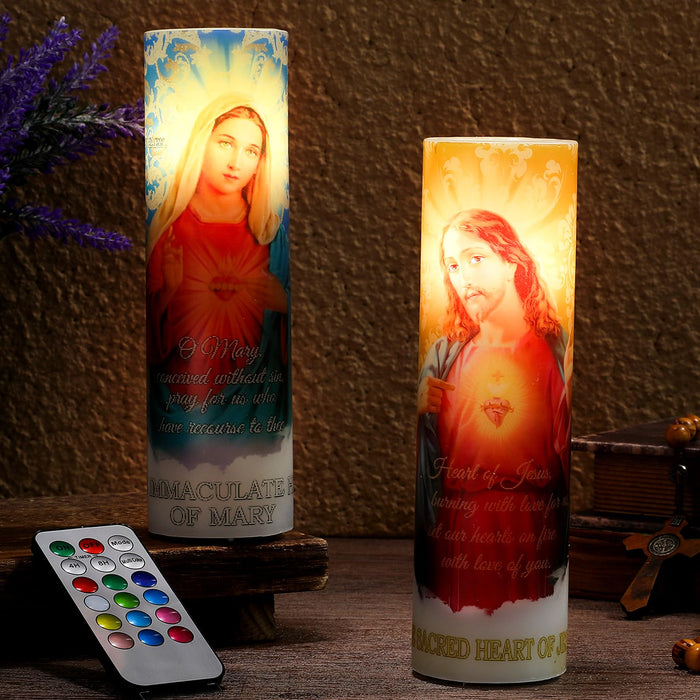 2 Pcs Religious Flameless LED Prayer Candle Real Wax Baptism Candle Set Immaculate Heart of Mary and Sacred Heart of Jesus Battery Operated Candles with Remote Control