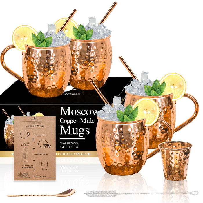 Moscow Mule Copper Mugs Set of 4100 HANDCRAFTED Solid Copper Mugs, set with 4 Copper Straws, 1 Stirring Spoon, 1 Copper