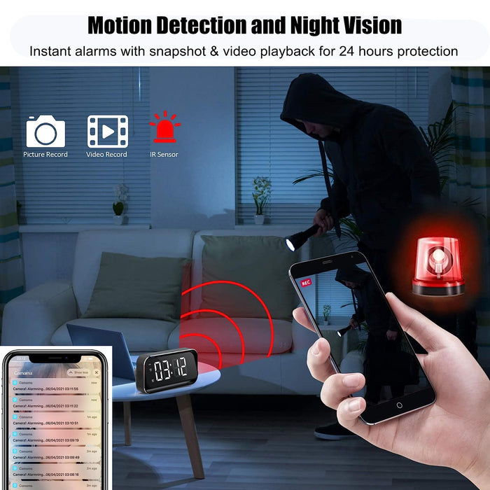 WiFiHiddenSpyCamera, Alarm Clock 1080P2K4K Full HD Nanny Cam with Controllable Night Vision and Motion Detection Alarm, Security
