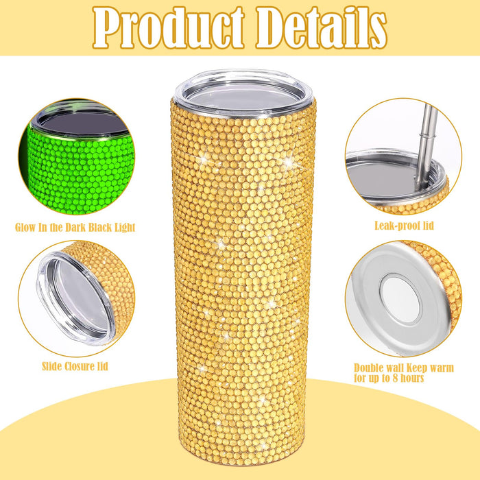 Tioncy 20 oz Bling Cup Glitter Water Bottles with Lid Straw Stainless Steel Bling Tumbler Luminous Rhinestone Tumbler Diamond