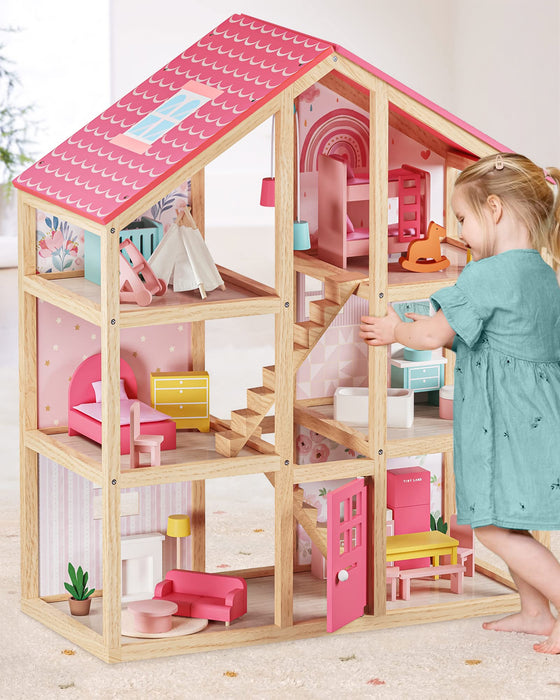 Tiny Land Wooden Dollhouse for Girls 6 Rooms Wooden Doll House, DIY Pretend Dcream House with 30Ps Furniture Acessories, for Girl