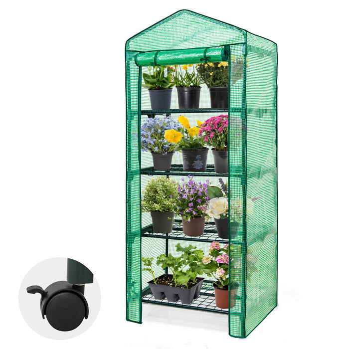 EAGLE PEAK Mini 4 Tier Greenhouse with Wheels Wire Shelves, Portable 27x19x65 Indoor Outdoor Garden Green House with Roll