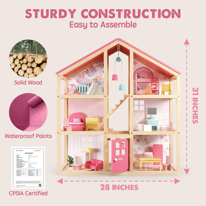 Tiny Land Wooden Dollhouse for Girls 6 Rooms Wooden Doll House, DIY Pretend Dcream House with 30Ps Furniture Acessories, for Girl