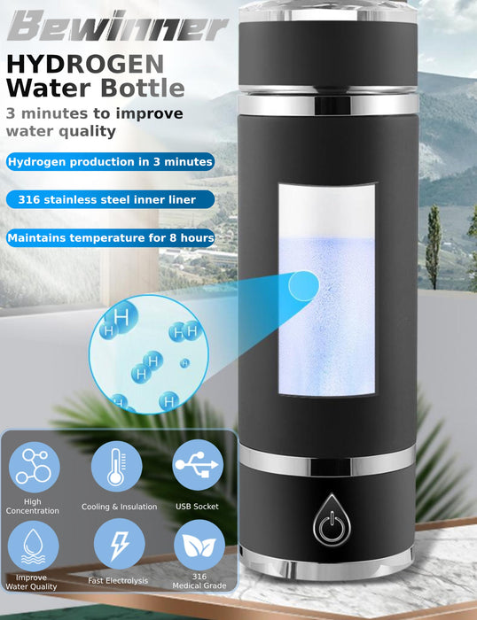 Bewinner Pro 3In1 Hydrogen Water Bottle  Portable Hydrogen Water Generator Base  Insulated Cup  420Ml Pem Spe Technology