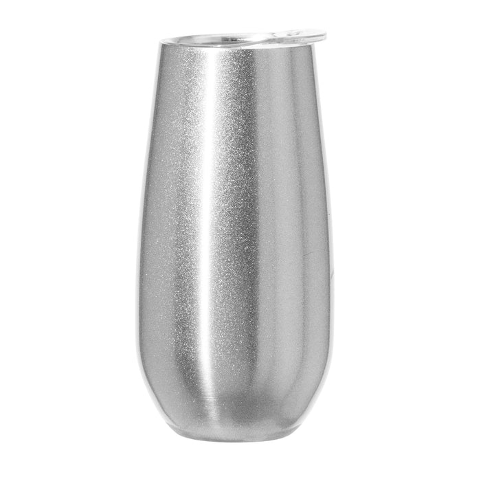 OGGI Thermo Flute 'Celebrate Collection' Stainless Steel Insulated Champagne Flute Tumbler Silver Sparkle, 6oz, with clear sip