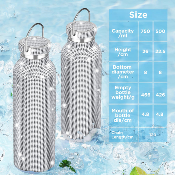 GeeRic Bling Water Bottle Rhinestone, Stainless Steel Water Bottle with Bonus Straw Lid, Insulated Drink Bottle with Bling Chain