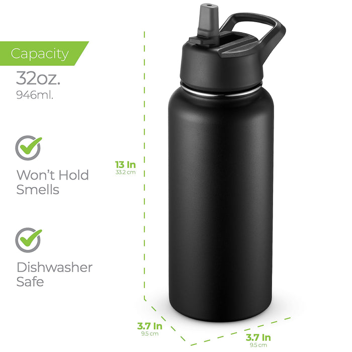 SipX TripleInsulated Stainless Steel Water Bottle 32oz. With 3 Lids, BPAFree Reusable Insulated Water Bottle Keeps Cold 24 Hou