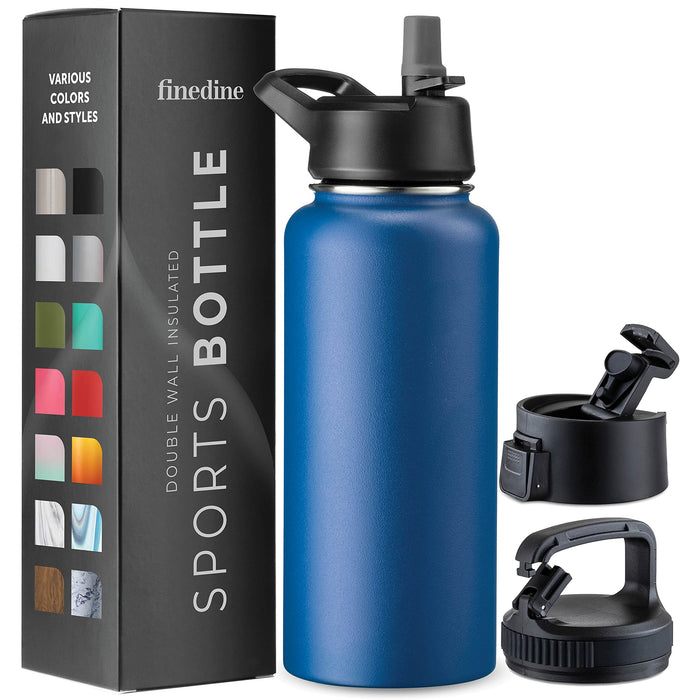 Finedine Insulated Water Bottles With Straw  32 Oz Stainless Steel Metal Water Bottle W 3 Lids  Reusable For Travel, Camping