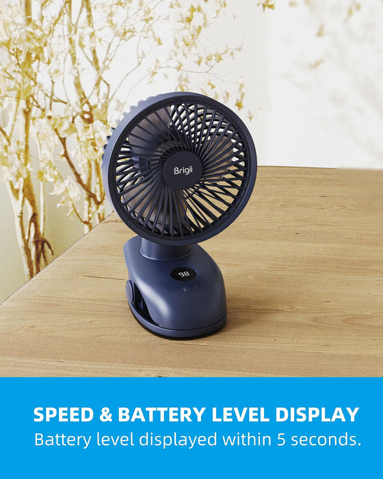 Brigii DeskClip Fan, 14H Long Battery Life, Battery Level Display, 5 INCH Small Fan, 4Speed, TypeC RechargeablePF01Blue